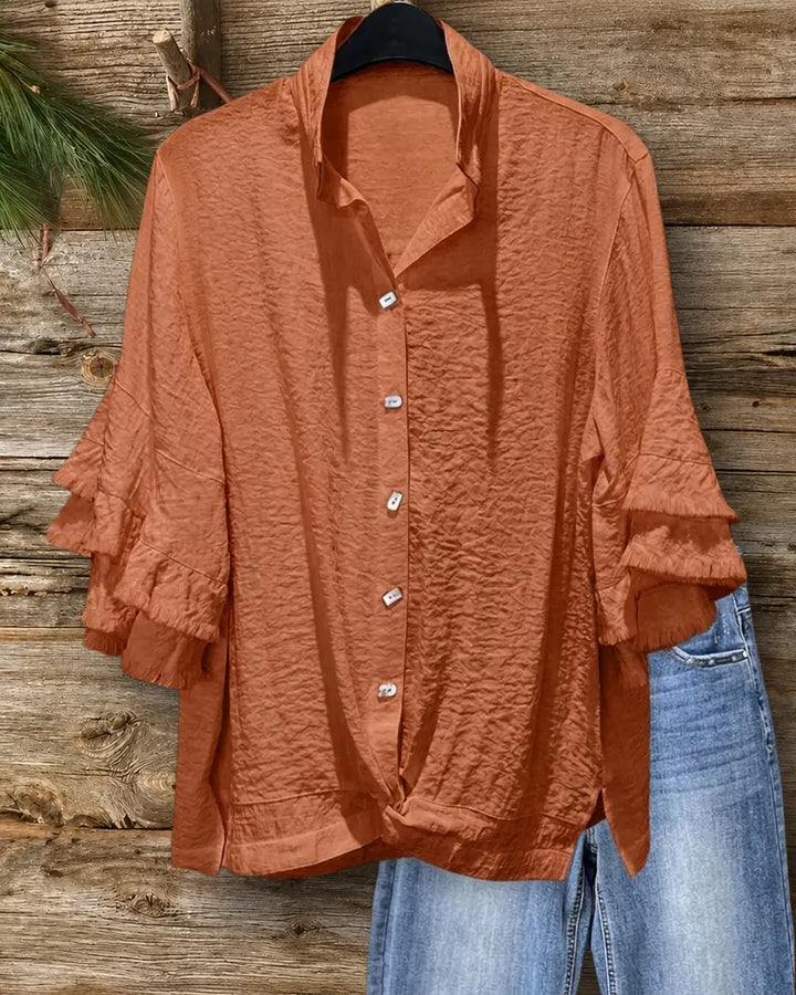 Tassels Trim Ruffle Sleeve Shirt Collar Twist Front Chic Blouse