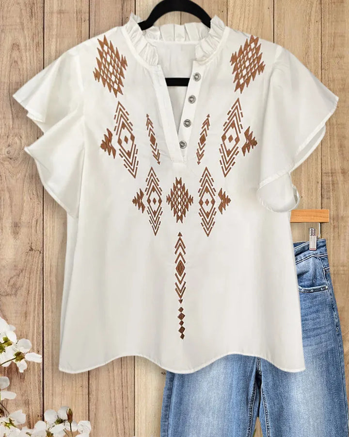 Geometric Embroidery Flutter Sleeve V Neck Ruffled Button Placket Blouse