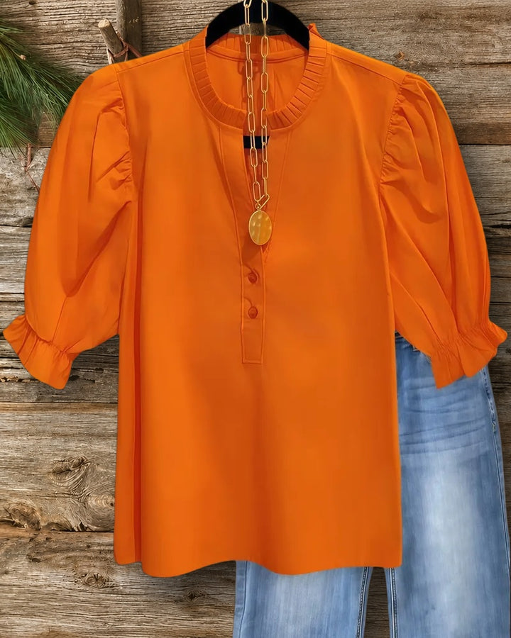 Solid Color V Neck Puff Sleeve Stylish Blouse