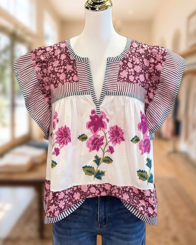 Patchwork Floral Print Flutter Sleeve Urban Blouse