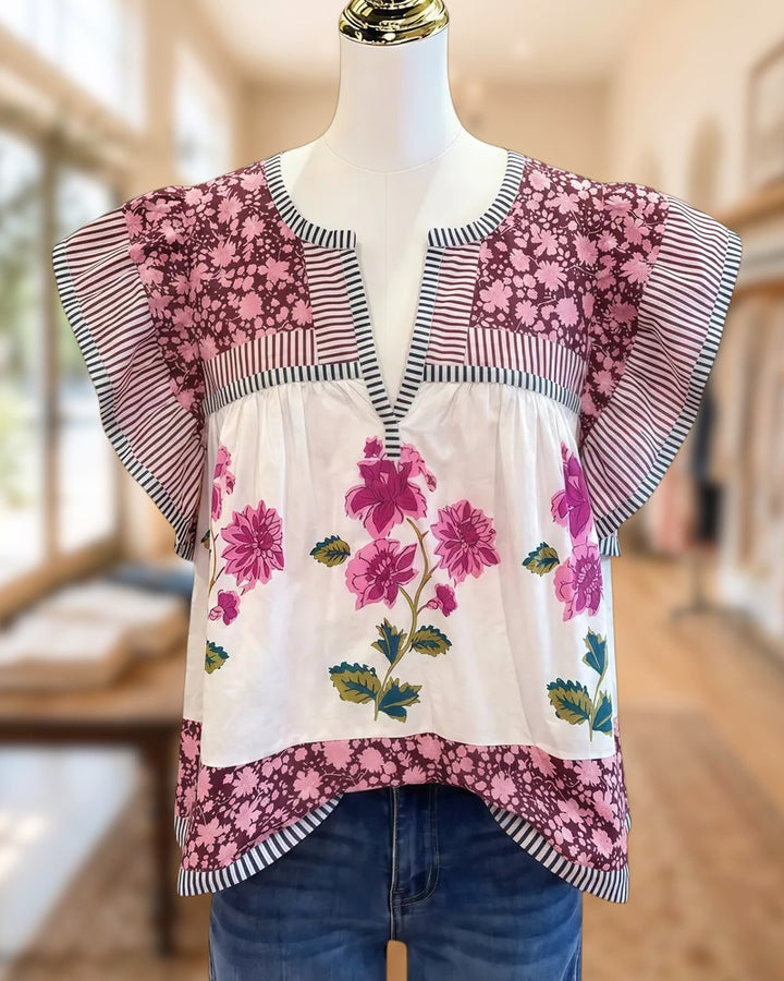 Patchwork Floral Print Flutter Sleeve Urban Blouse