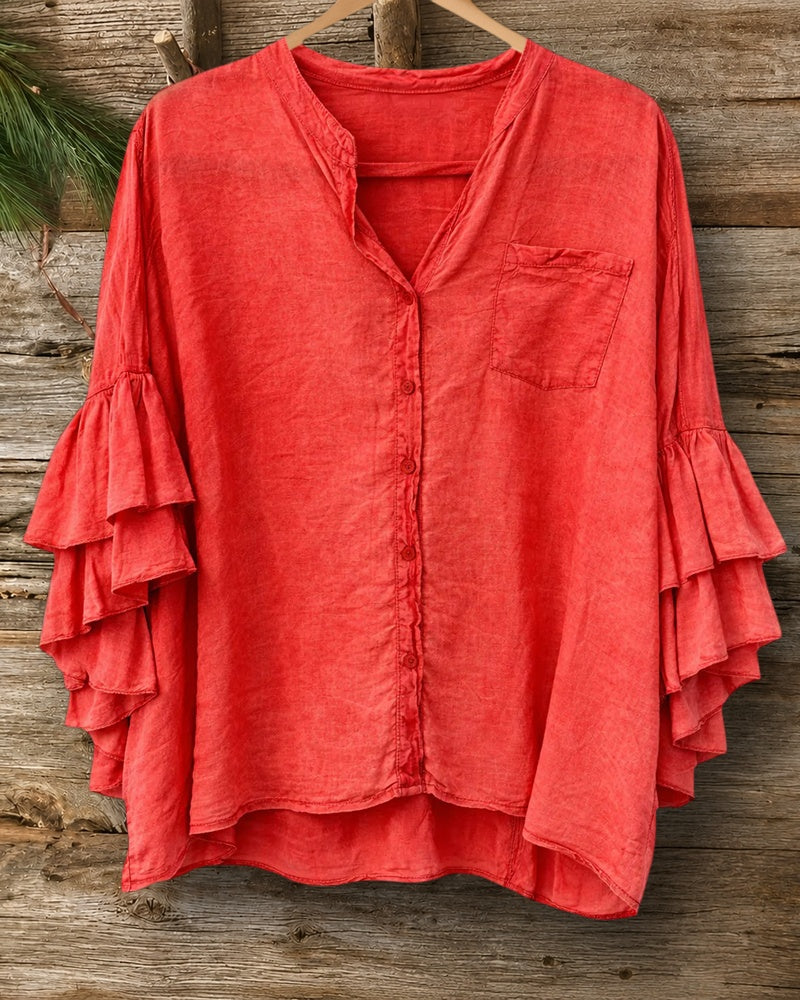 Tiered Ruffle Sleeve Button Front V Neck Pocket Blouse