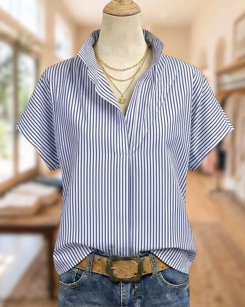 Stand Collar Striped Short Sleeve Casual Daily Shirt