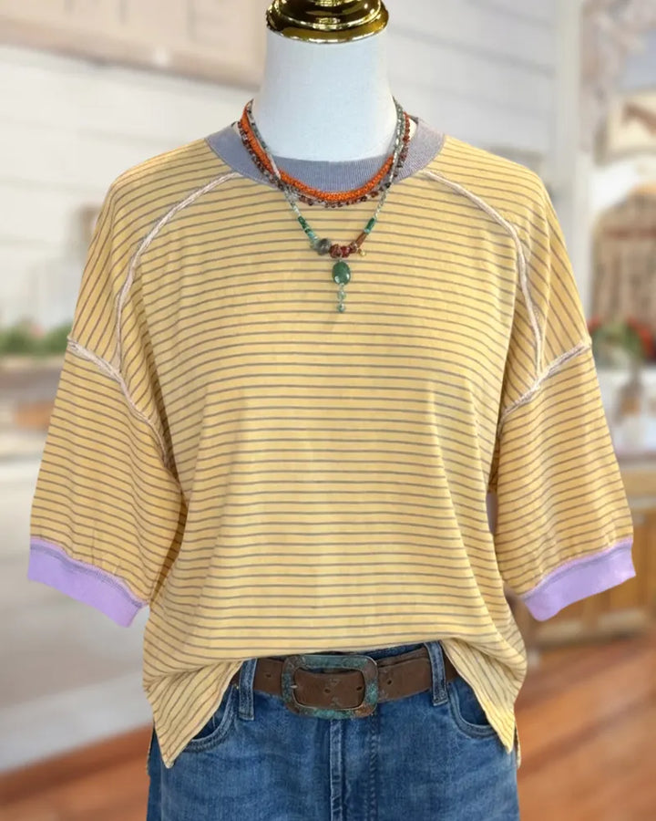 Striped Contrast Trim 3/4 Sleeve Loose Casual Top
