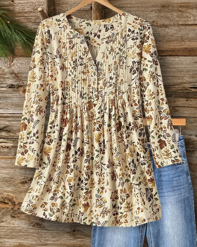 3/4 Sleeve Pintuck Pleat Button Front Botanical Print Blouse