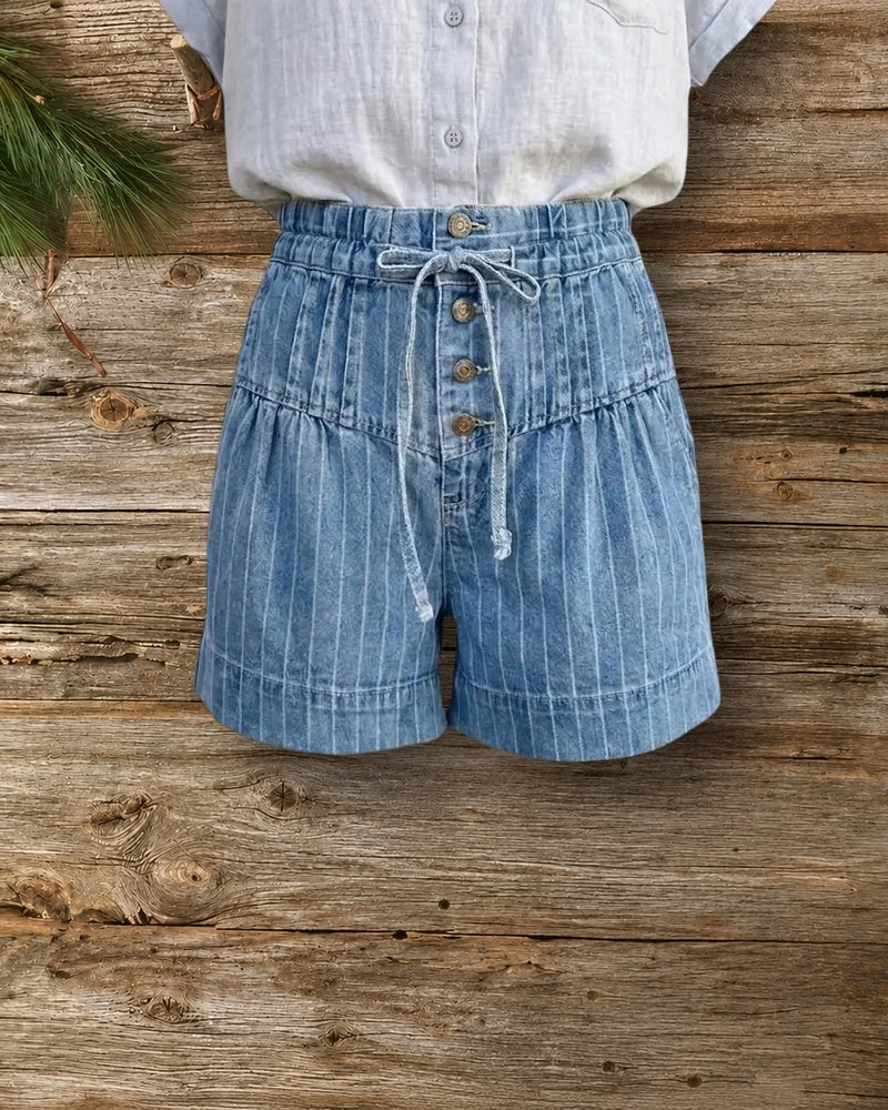 Striped Drawstring Waist Button Front Gathered Casual Denim Shorts