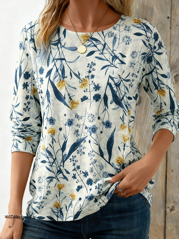 Natural Floral Print Casual Top
