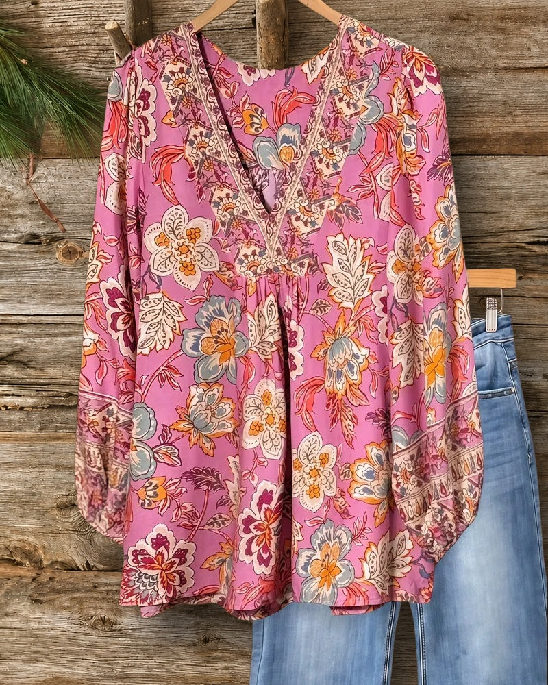 Floral Print Feminine V Neck Blouse