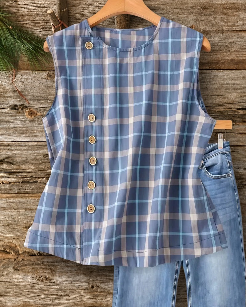 Plaid Classic Button Front Sleeveless Blouse