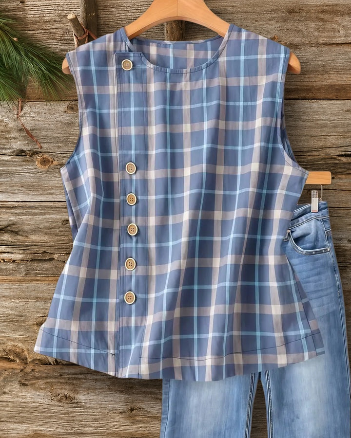 Plaid Classic Button Front Sleeveless Blouse