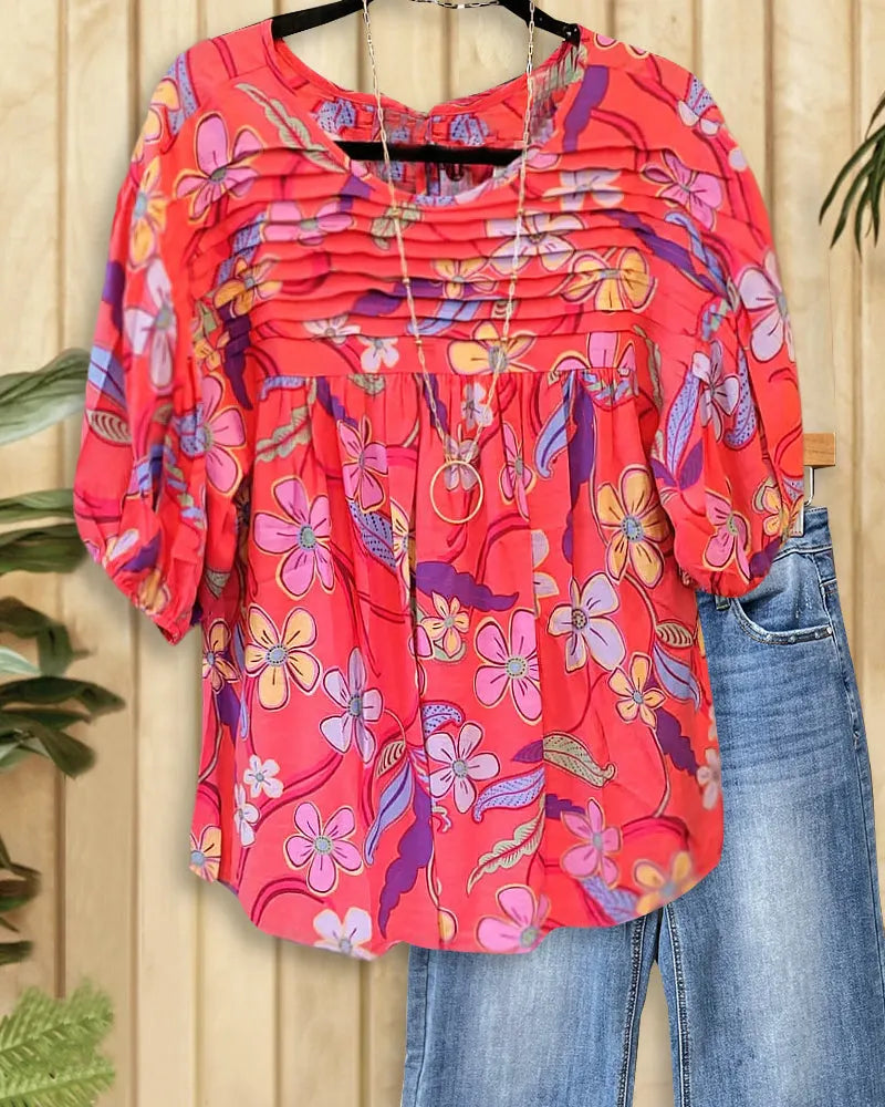 Pleated Detail Floral Print Pastoral Puff Sleeve Blouse