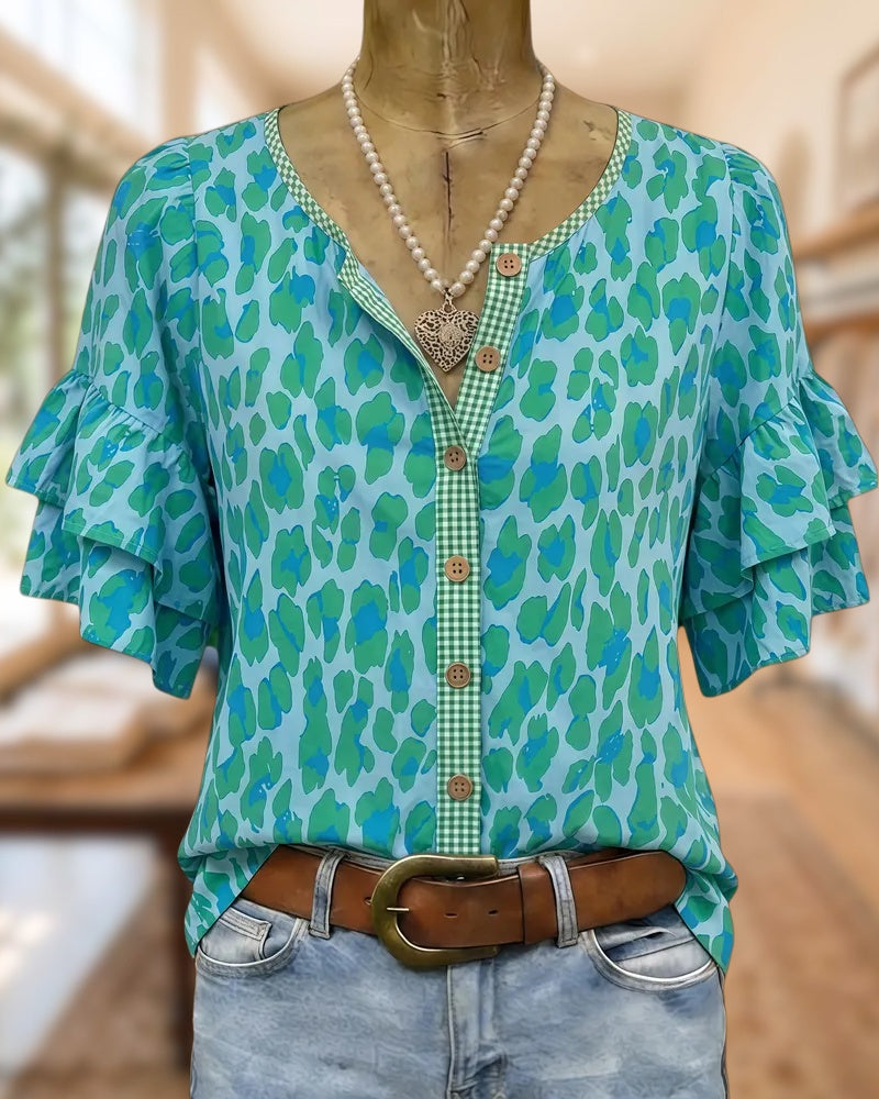 Leopard Print Button Front Ruffle Sleeve Casual Daily Blouse