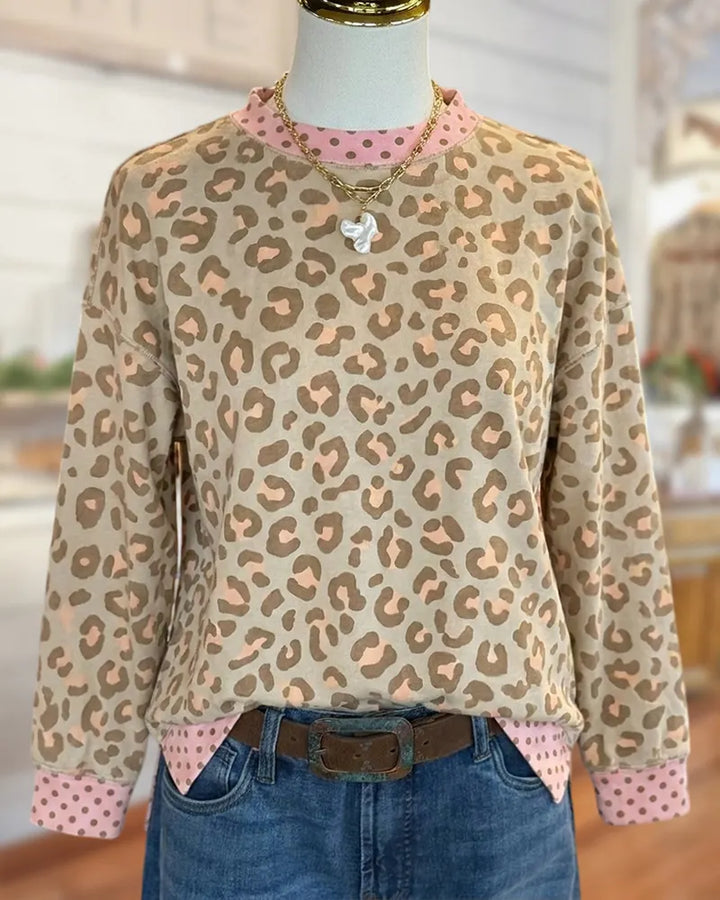 Leopard Print Contrast Polka Dot Trim Crew Neck Sweatshirt