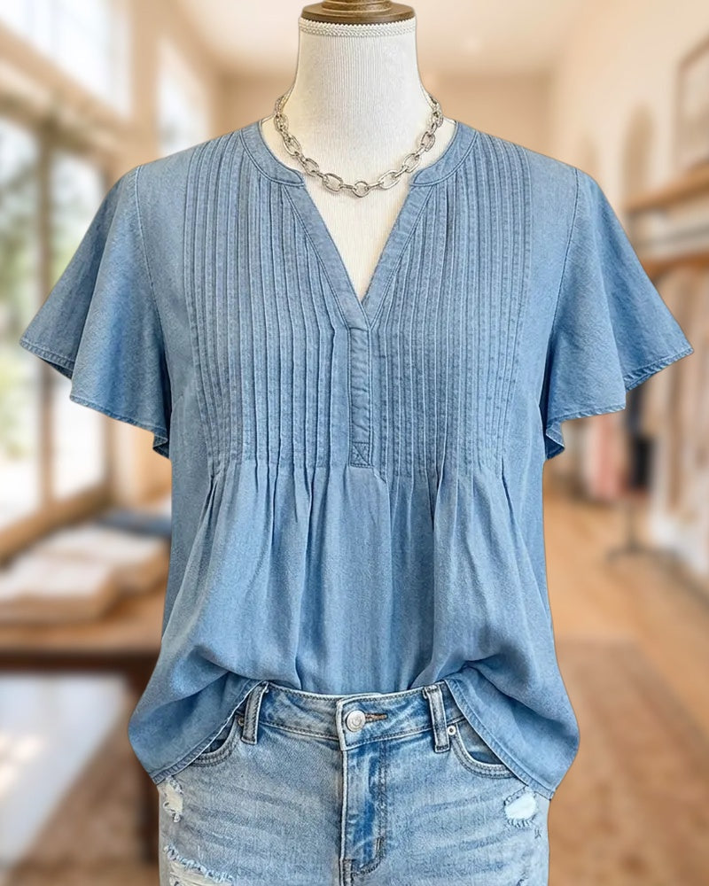 Pintuck Detail V Neck Flutter Sleeve Loose Casual Blouse