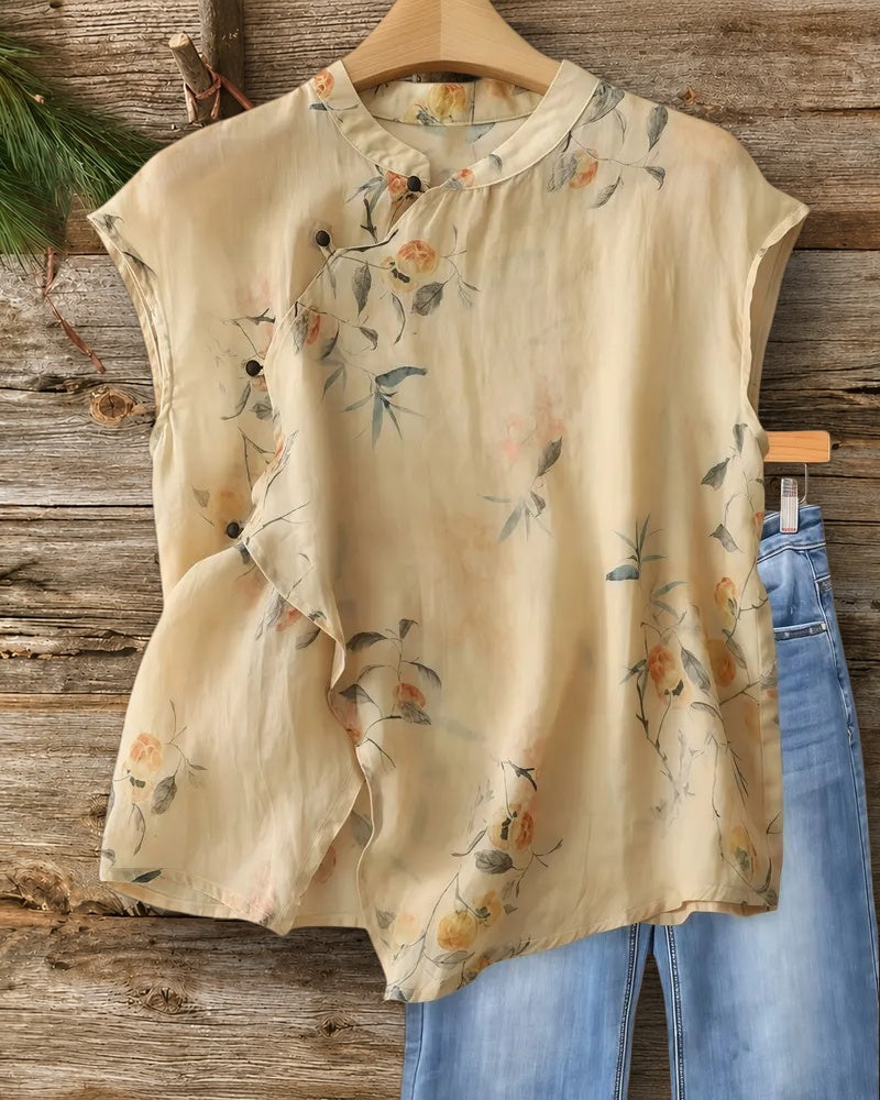 Floral Print Oriental Sleeveless Round Neck Blouse