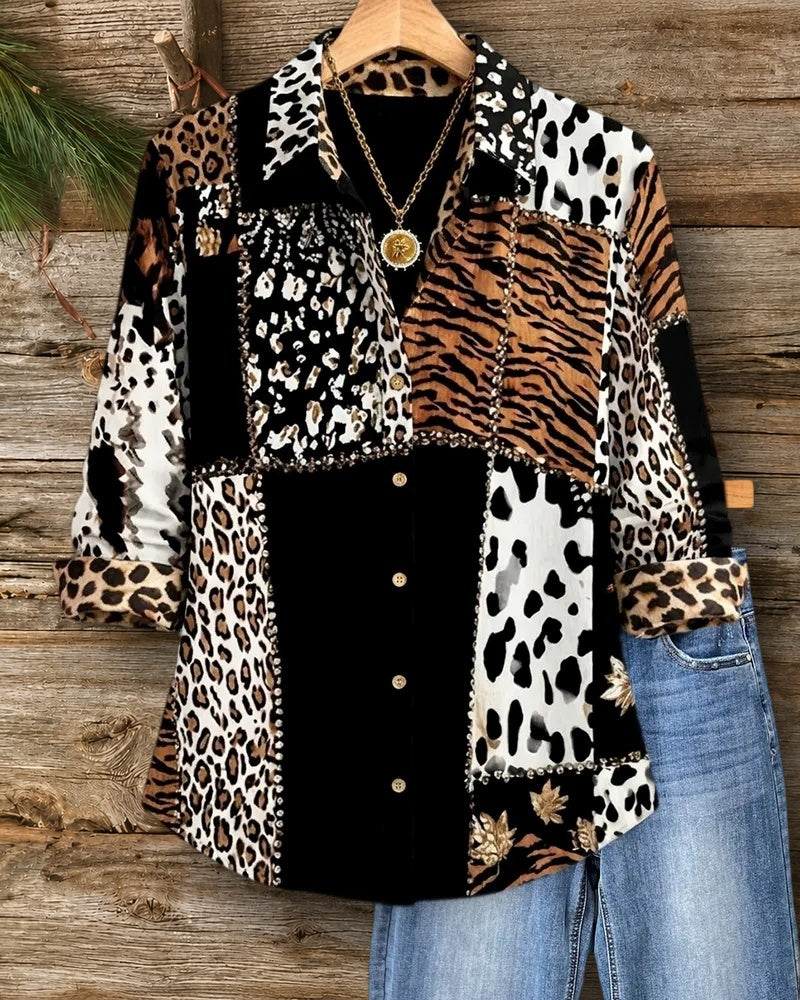 Animal Print Patchwork Collared Button Up Long Sleeve Shirt