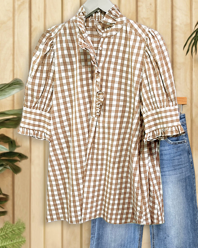 Grid Smart Ruffles Trim Puff Sleeve Blouse