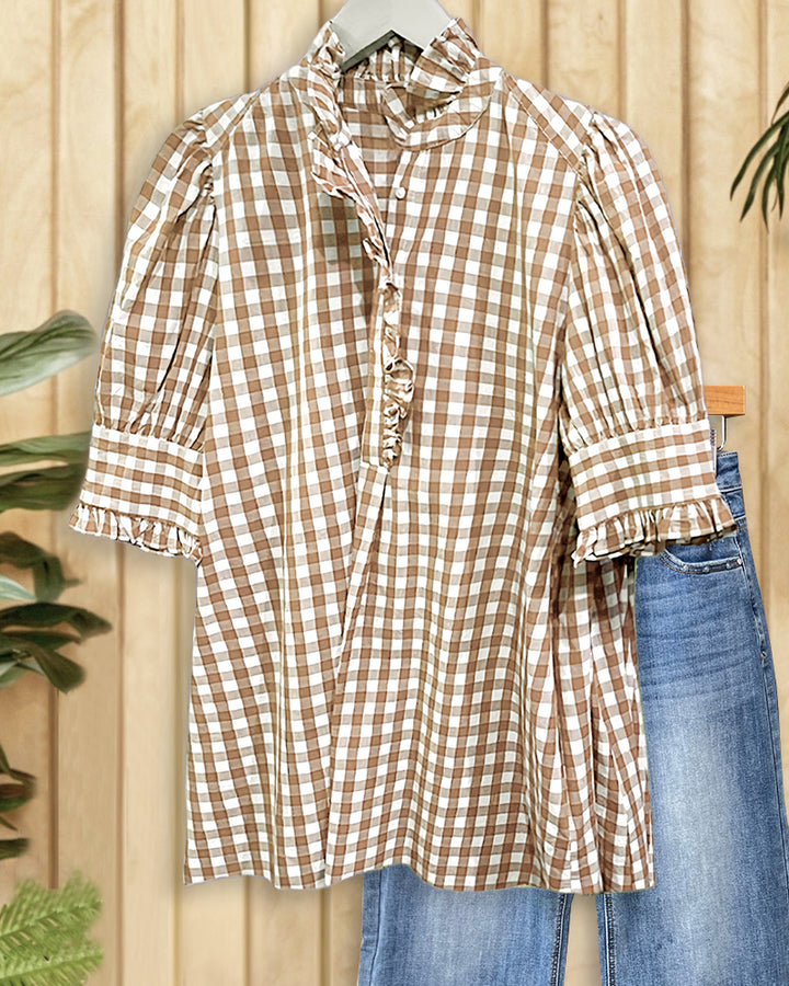 Grid Smart Ruffles Trim Puff Sleeve Blouse