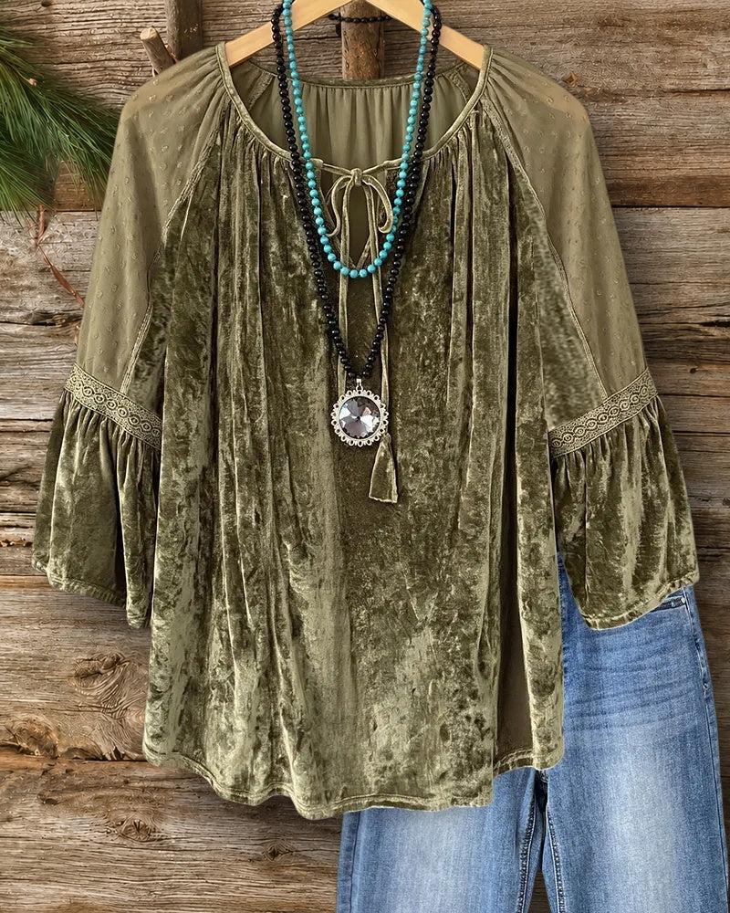Velvet Tie Neck Bell Sleeve Blouse