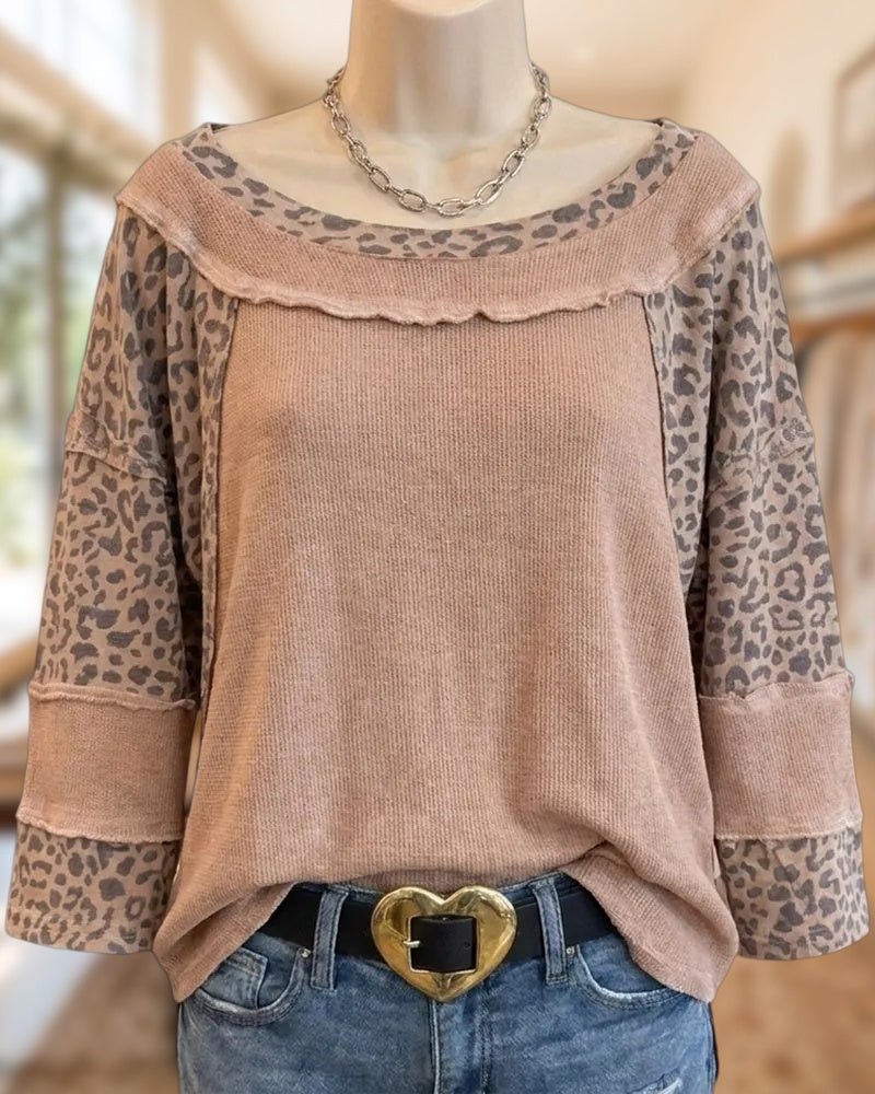 Leopard Patchwork Boat Neck 3/4 Sleeve Loose Casual Sweatshirt