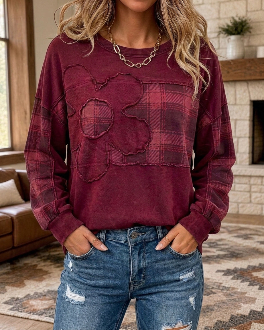 Raw Edge Floral Applique Camo Panel Crew Neck Sweatshirt