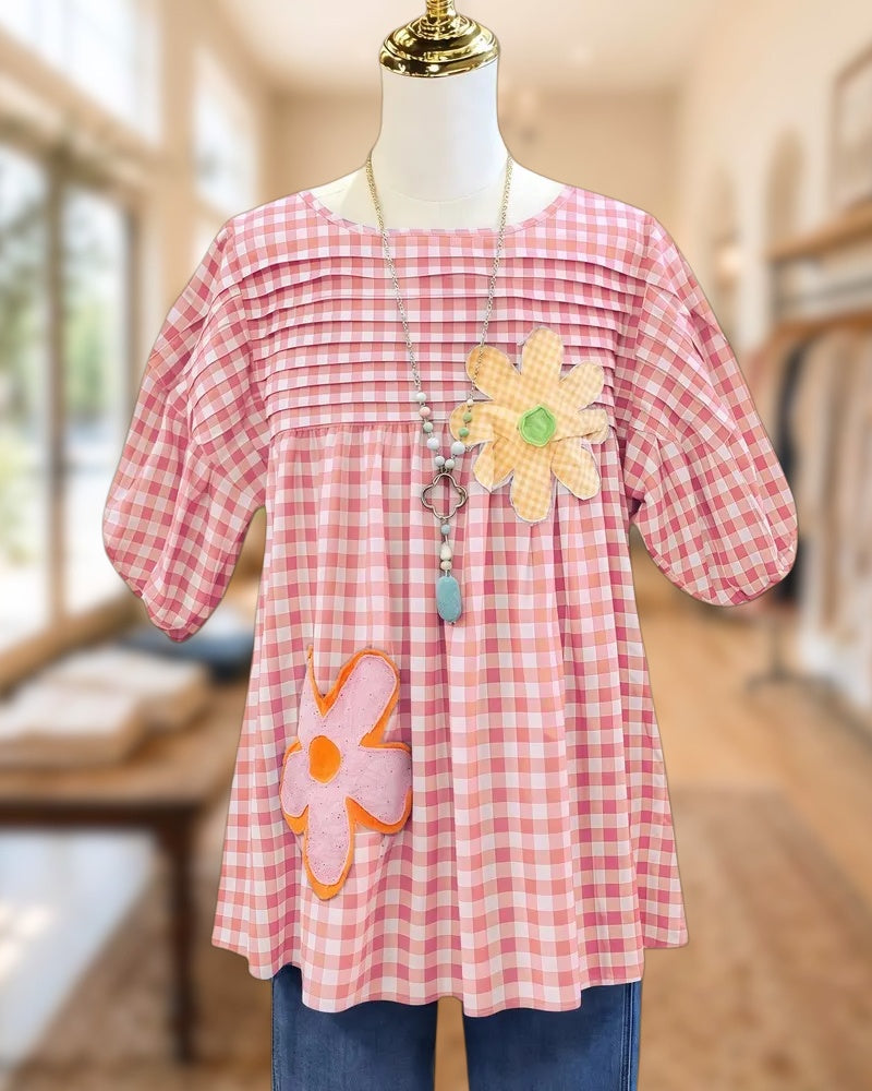 Floral Applique Gingham Pleated Detail Playful Blouse