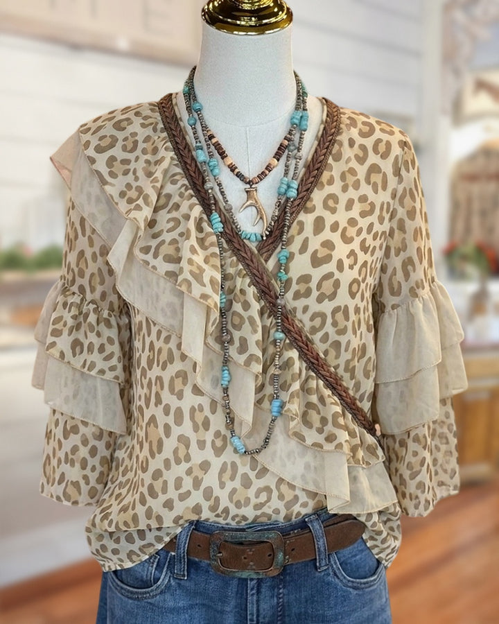 Ruffled V Neck Tiered Sleeve Leopard Print Casual Blouse