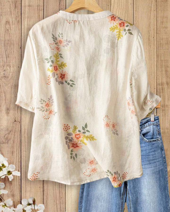 Floral Print Henley Placket Short Sleeve Chest Pocket Blouse