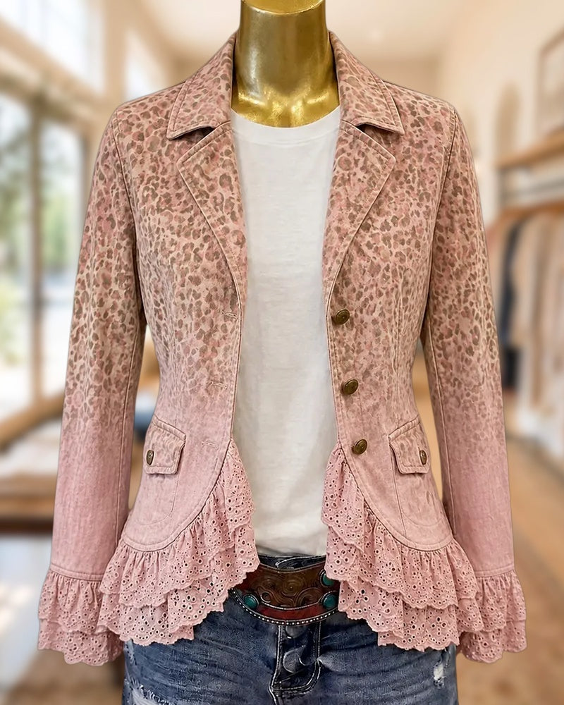 Leopard Print Lapel Ruffled Lace Trim Single Breasted Blazer