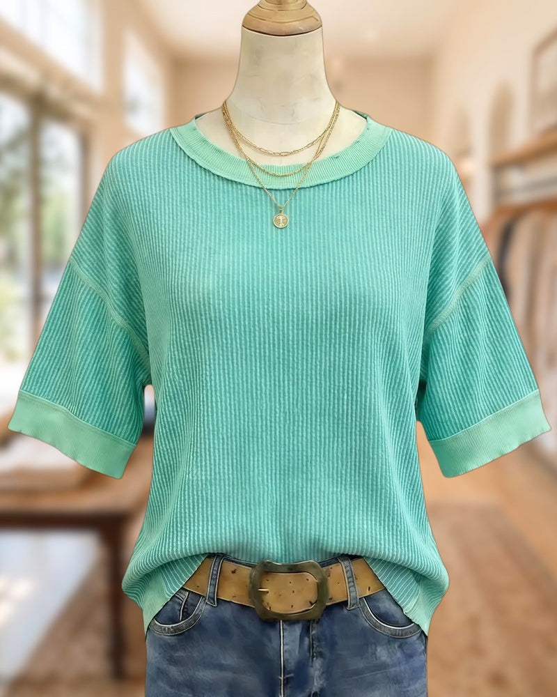 Ribbed Round Neck Relaxed High Low T-Shirt