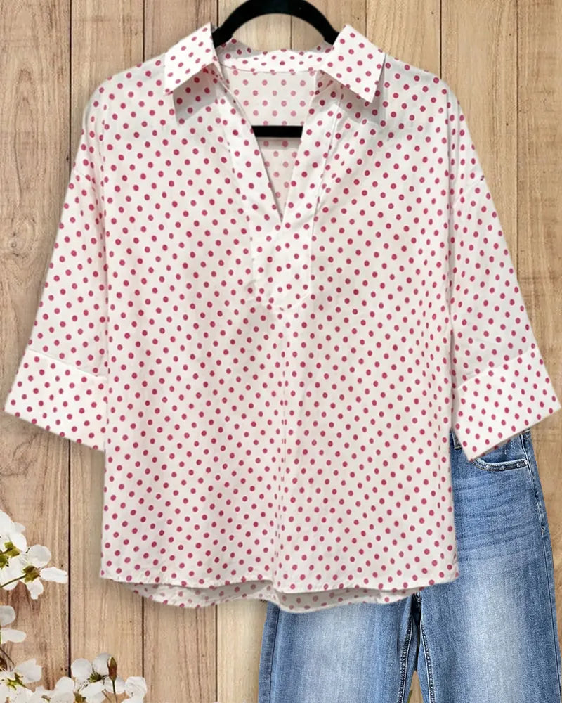 Polka Dot Collared 3/4 Sleeve Half Placket Loose Blouse