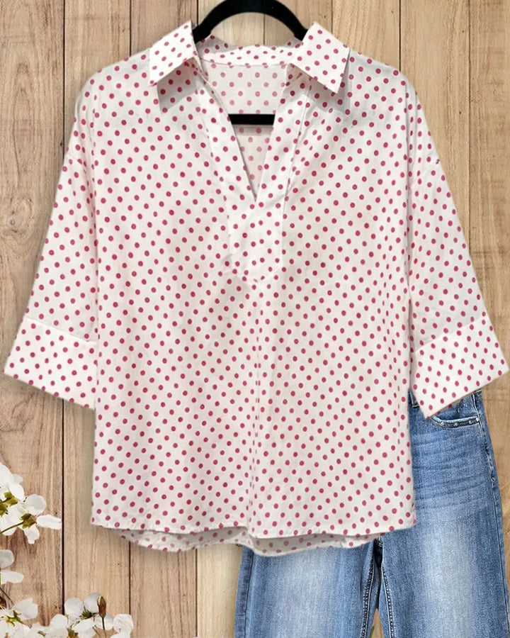 Polka Dot Collared 3/4 Sleeve Half Placket Loose Blouse