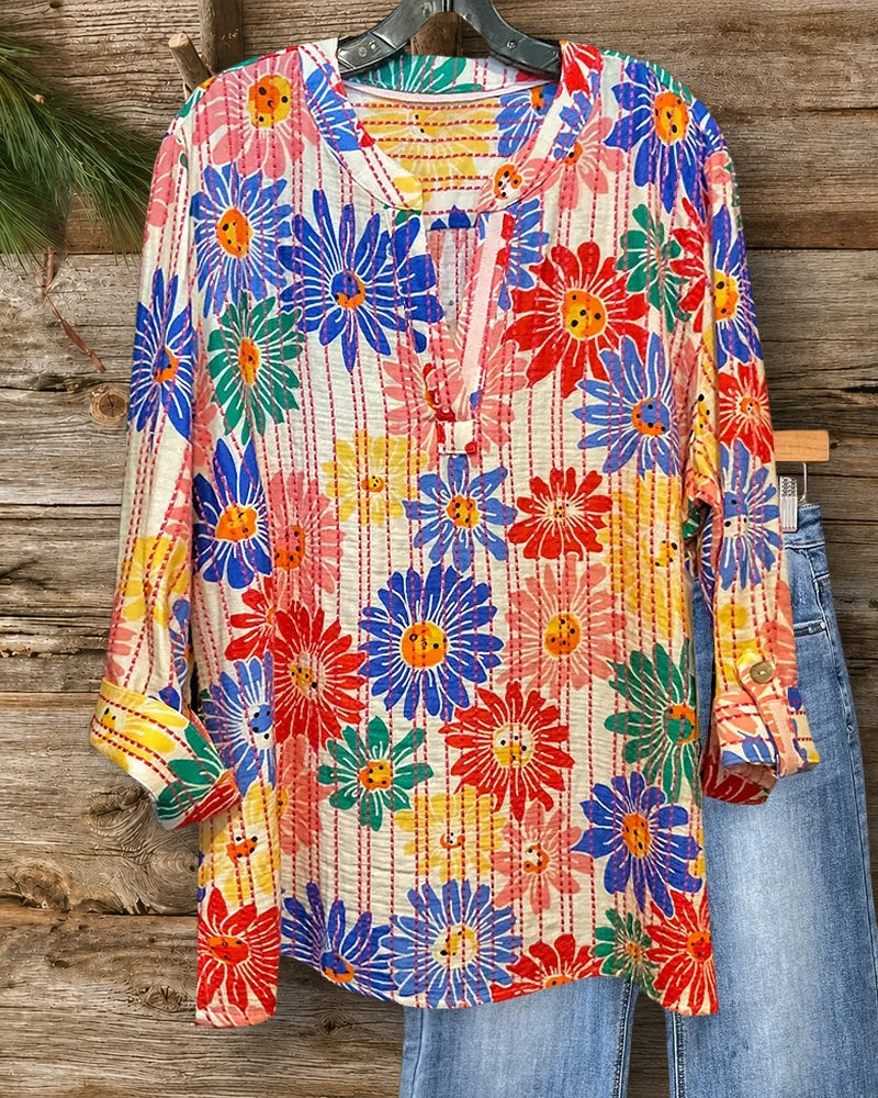 Floral Print Colorful V Neck Top