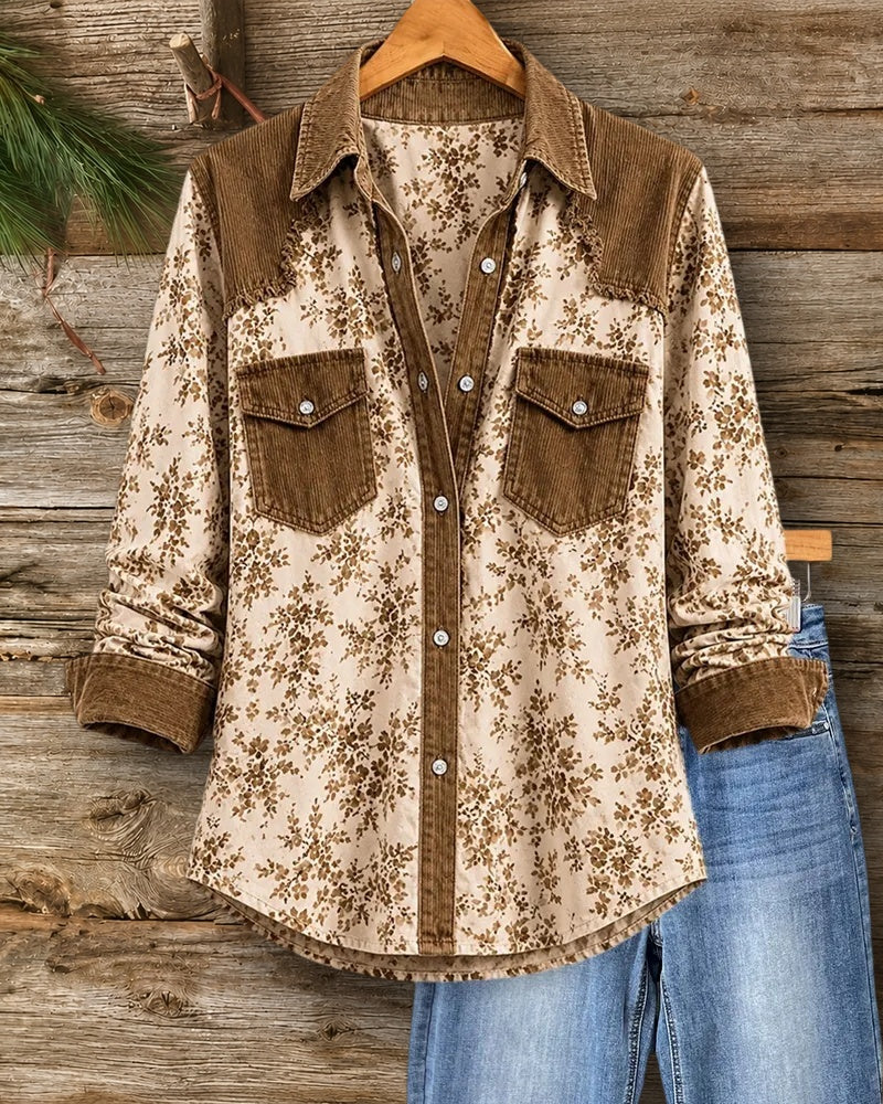 Floral Print Corduroy Contrast Button Front Chest Pocket Shirt