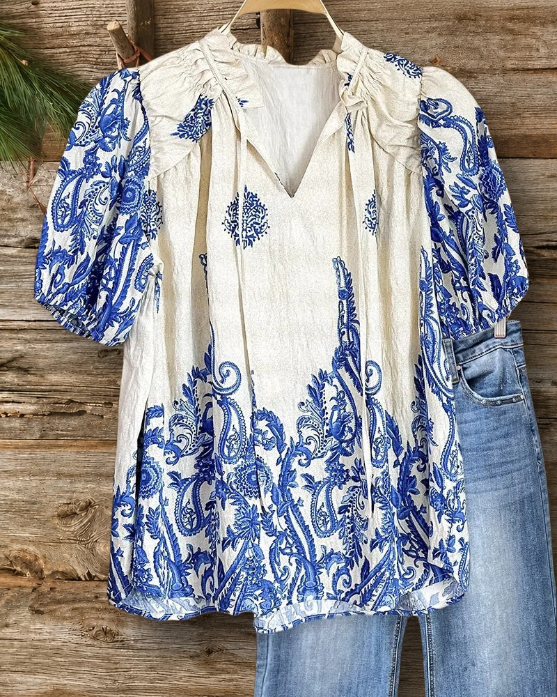 Paisley Bohemia Tie Neck Puff Sleeve T-Shirt