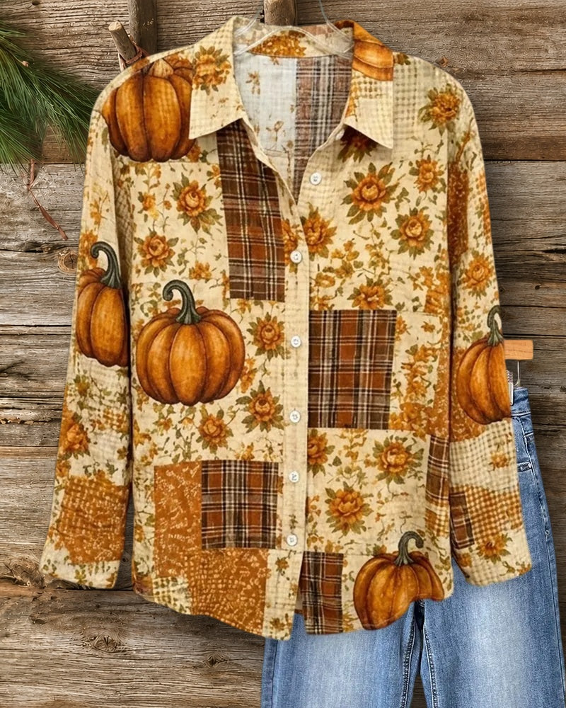 Patchwork Pumpkin Print Button Up Collared Long Sleeve Shirt