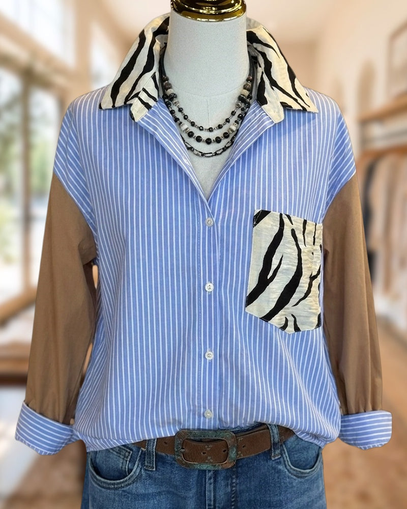 Striped Contrast Panel Zebra Accent Patch Pocket Long Sleeve Shirt