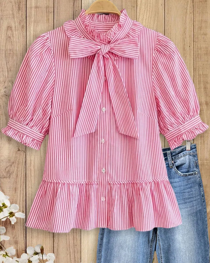 Striped Bow Tie Ruffle Trim Puff Sleeve Peplum Blouse