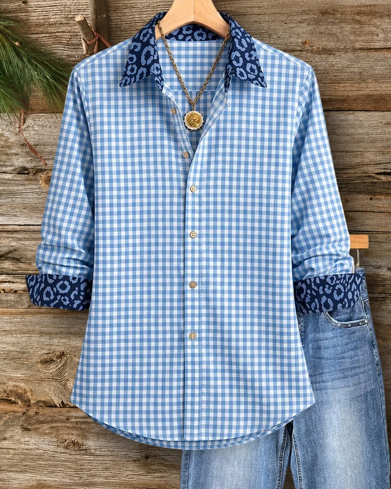 Gingham Contrast Leopard Print Collared Long Sleeve Button Front Shirt