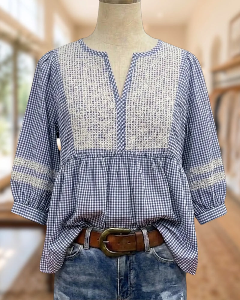 Embroidered Gingham V Neck Gathered 3/4 Sleeve Casual Blouse