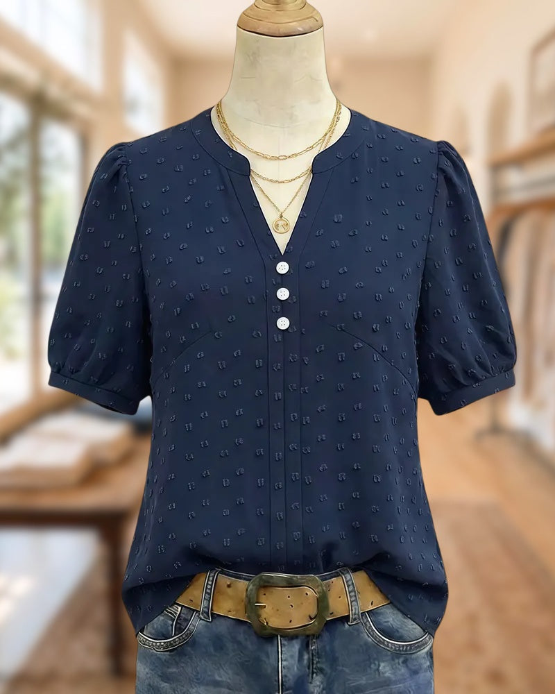 Solid Color Swiss Dot Elegant V Neck Blouse