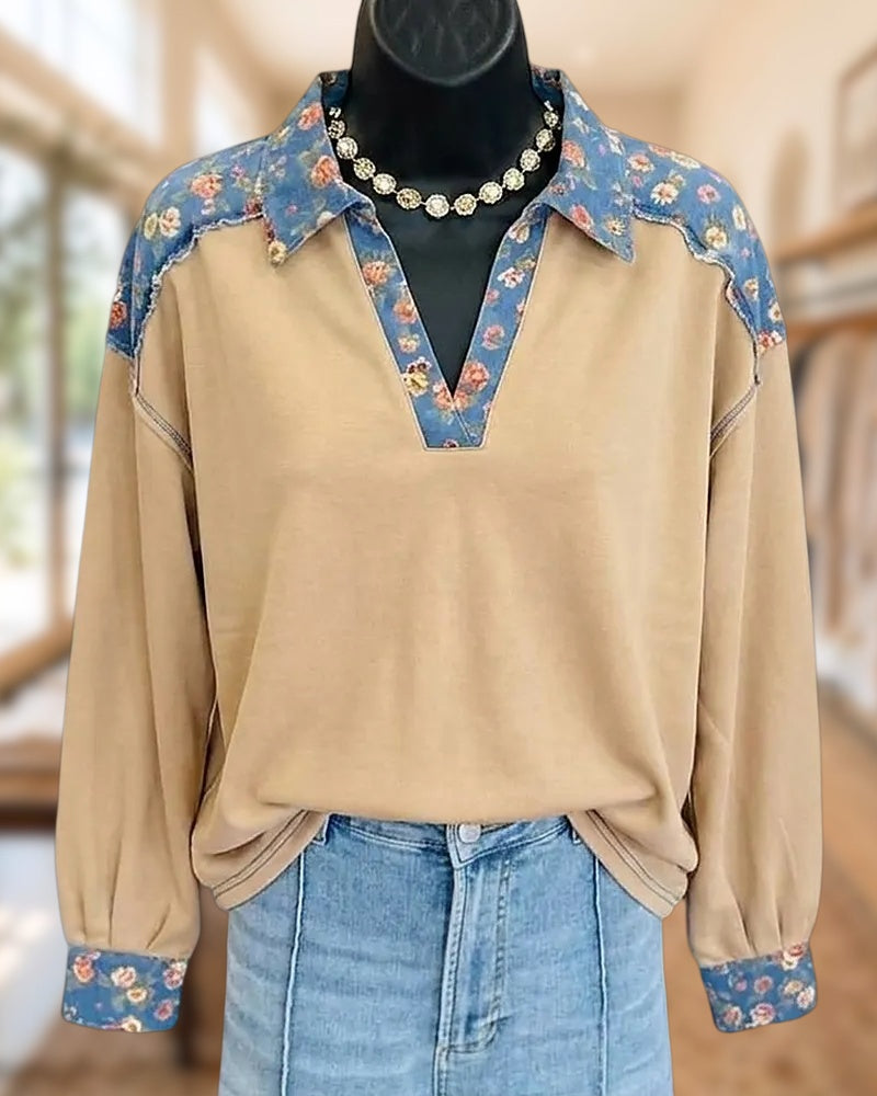 Floral Contrast Trim Collared V Neck Long Sleeve Blouse