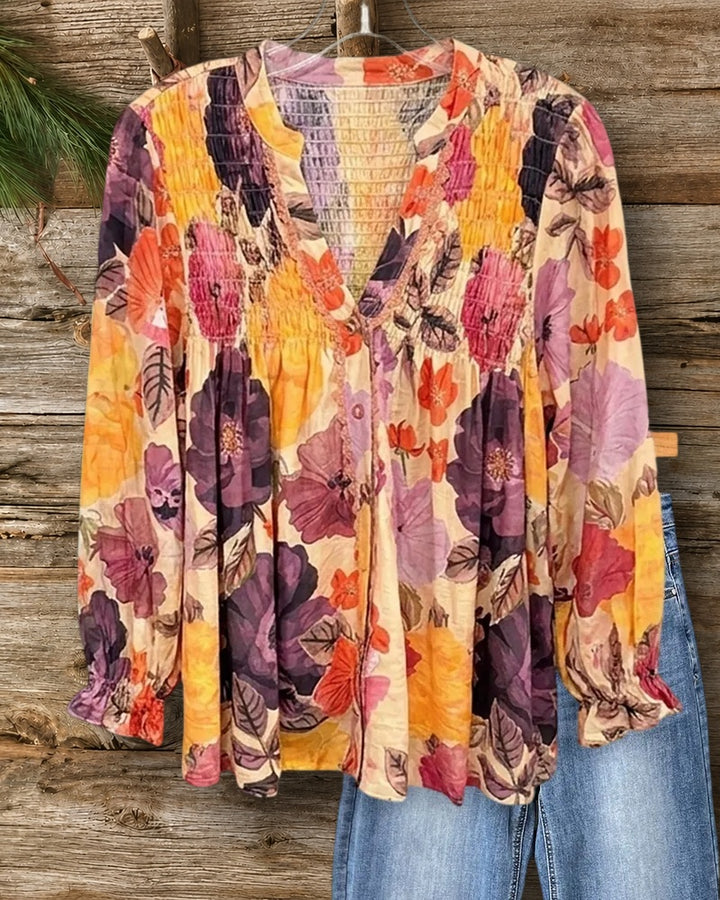 Floral Print Smocked Yoke V Neck Button Front Loose Blouse