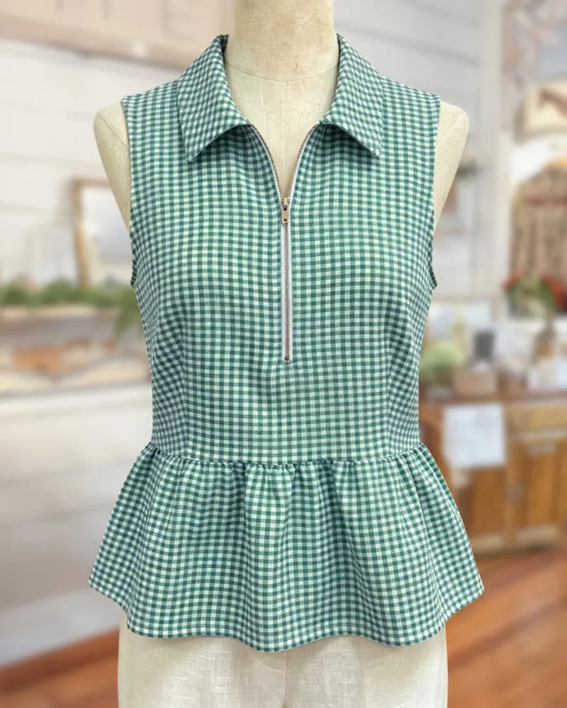Collared Half Zip Sleeveless Peplum Hem Gingham Blouse