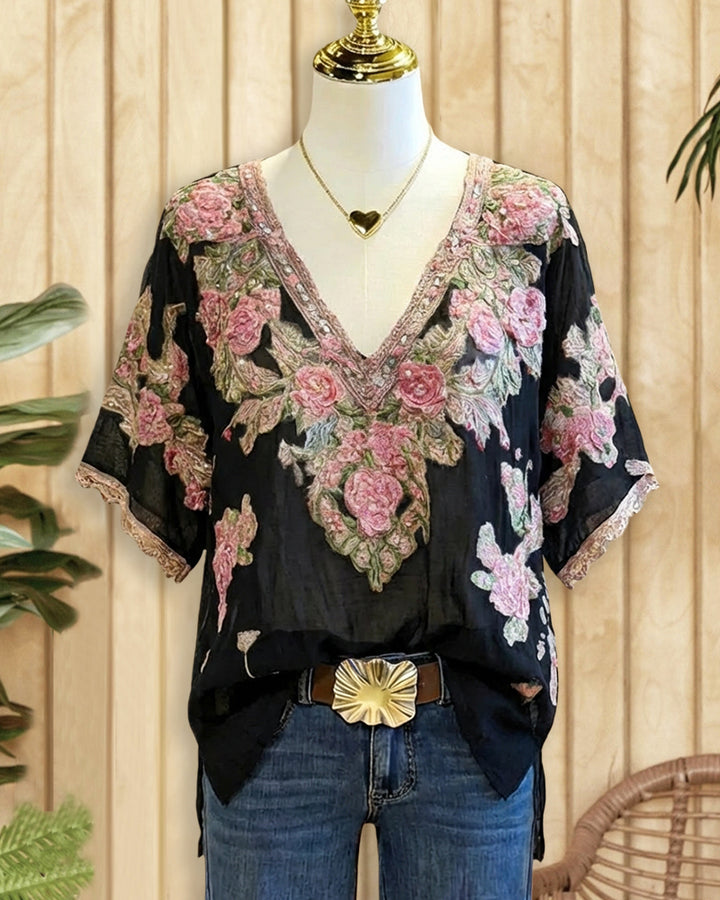 Floral Print Pastoral V Neck Blouse