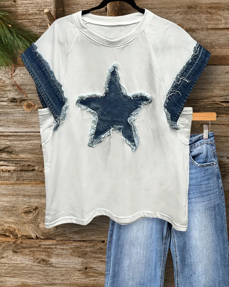 Hit Color Patchwork Denim Smart Star Applique T-Shirt