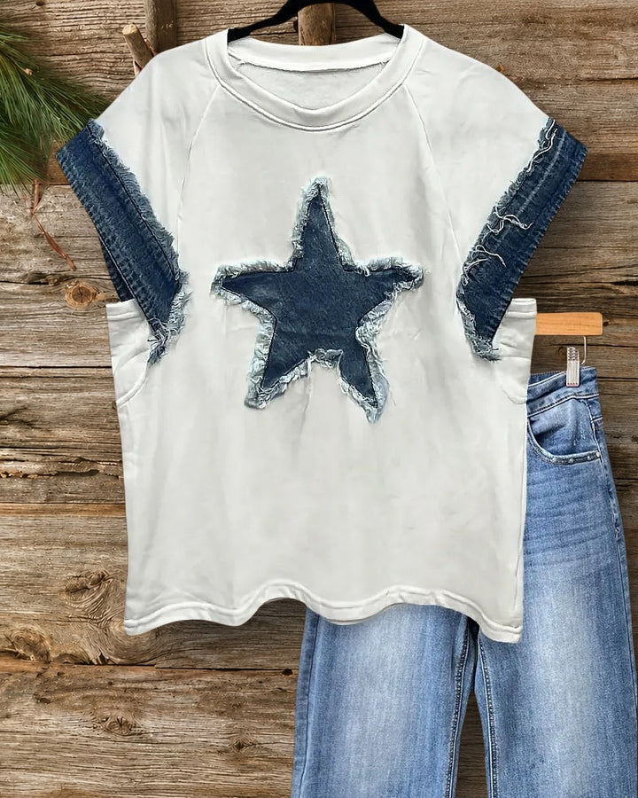 Hit Color Patchwork Denim Smart Star Applique T-Shirt