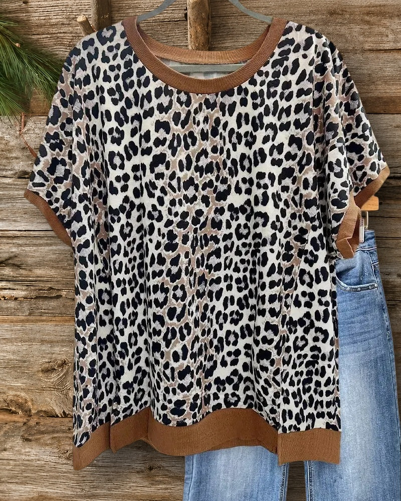 Leopard Print Casual Wear Round Neck T-Shirt