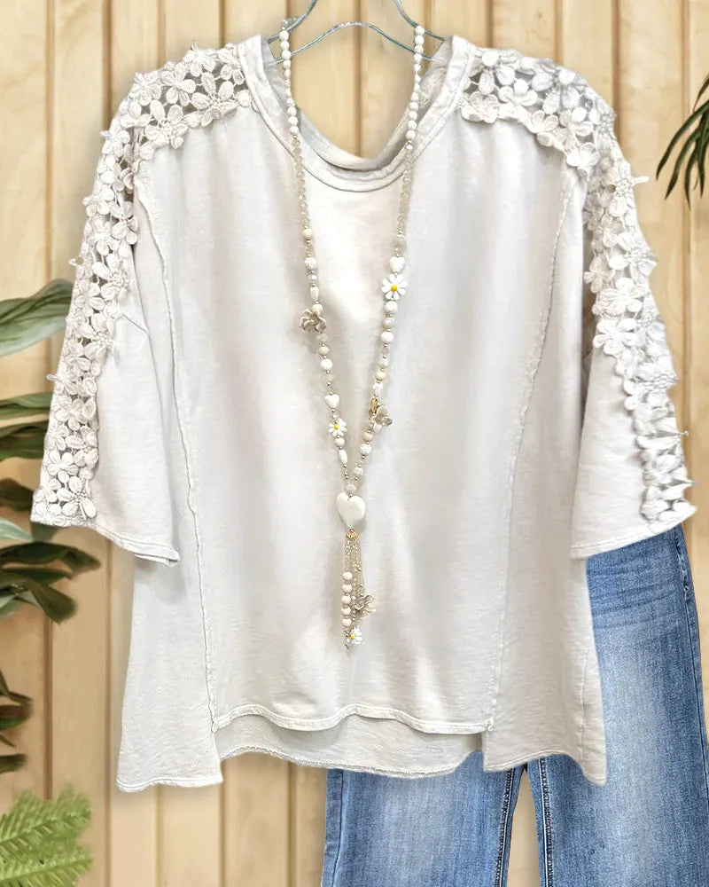 Solid Color Lacy Insert Pretty Round Neck Shirt