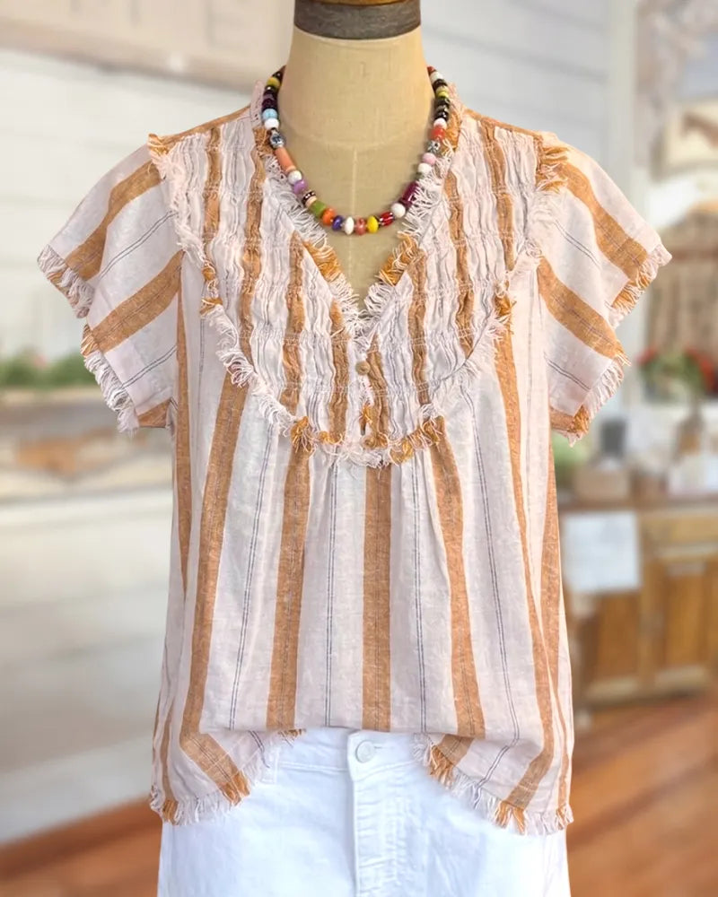 Striped Frayed Trim V Neck Smocked Chest Cozy Blouse